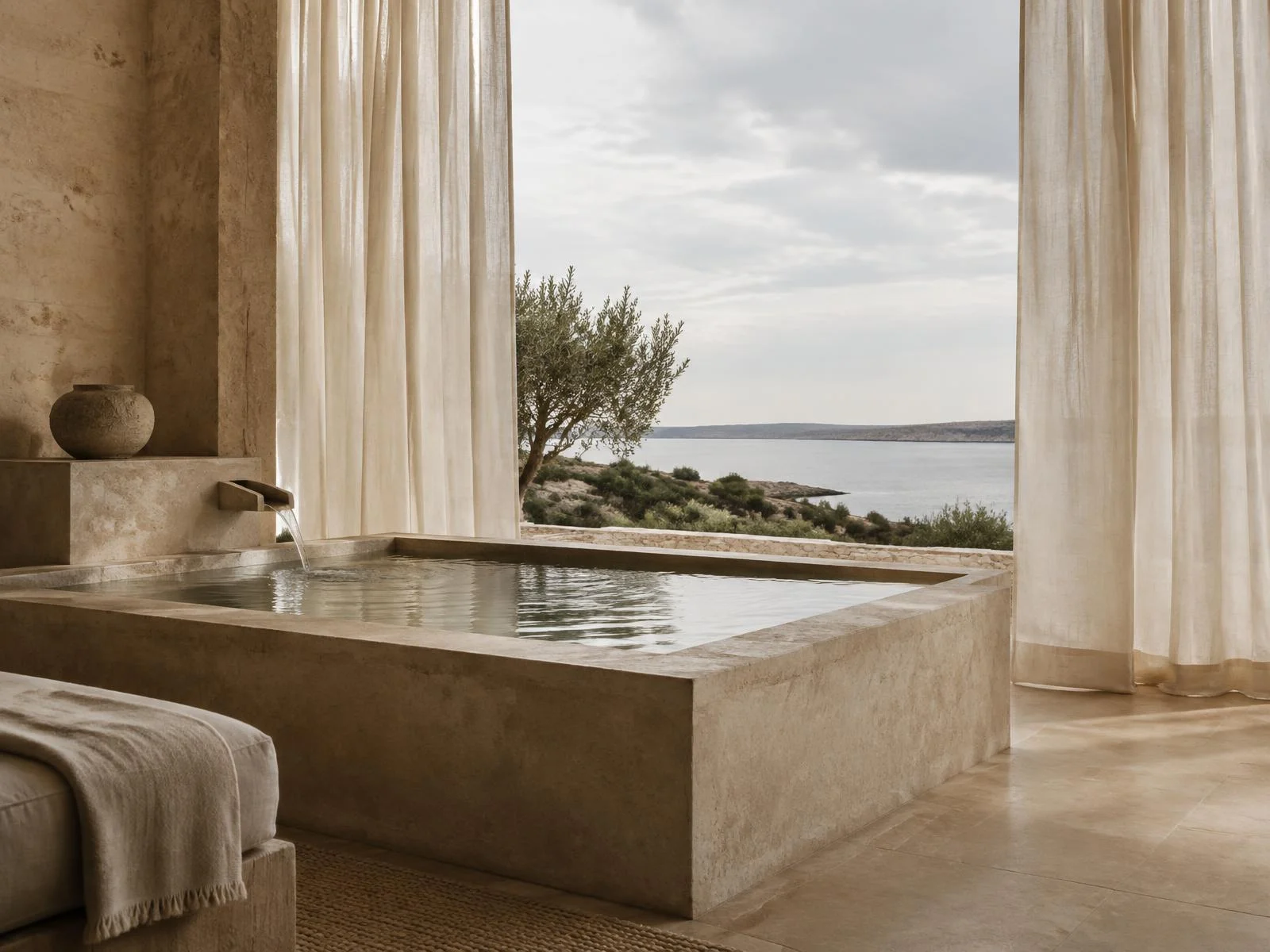 Stone soaking pool overlooking still water