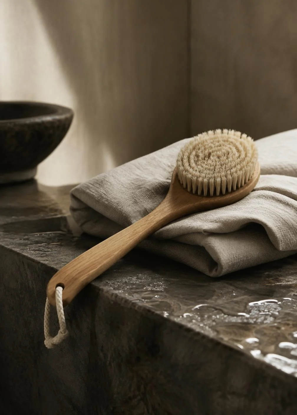 Natural bristle brush resting on folded linen