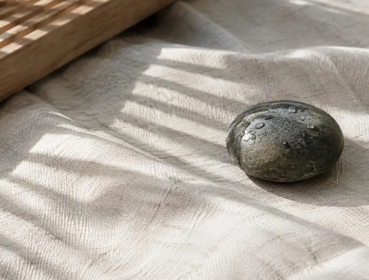 Wet river stone resting on woven linen