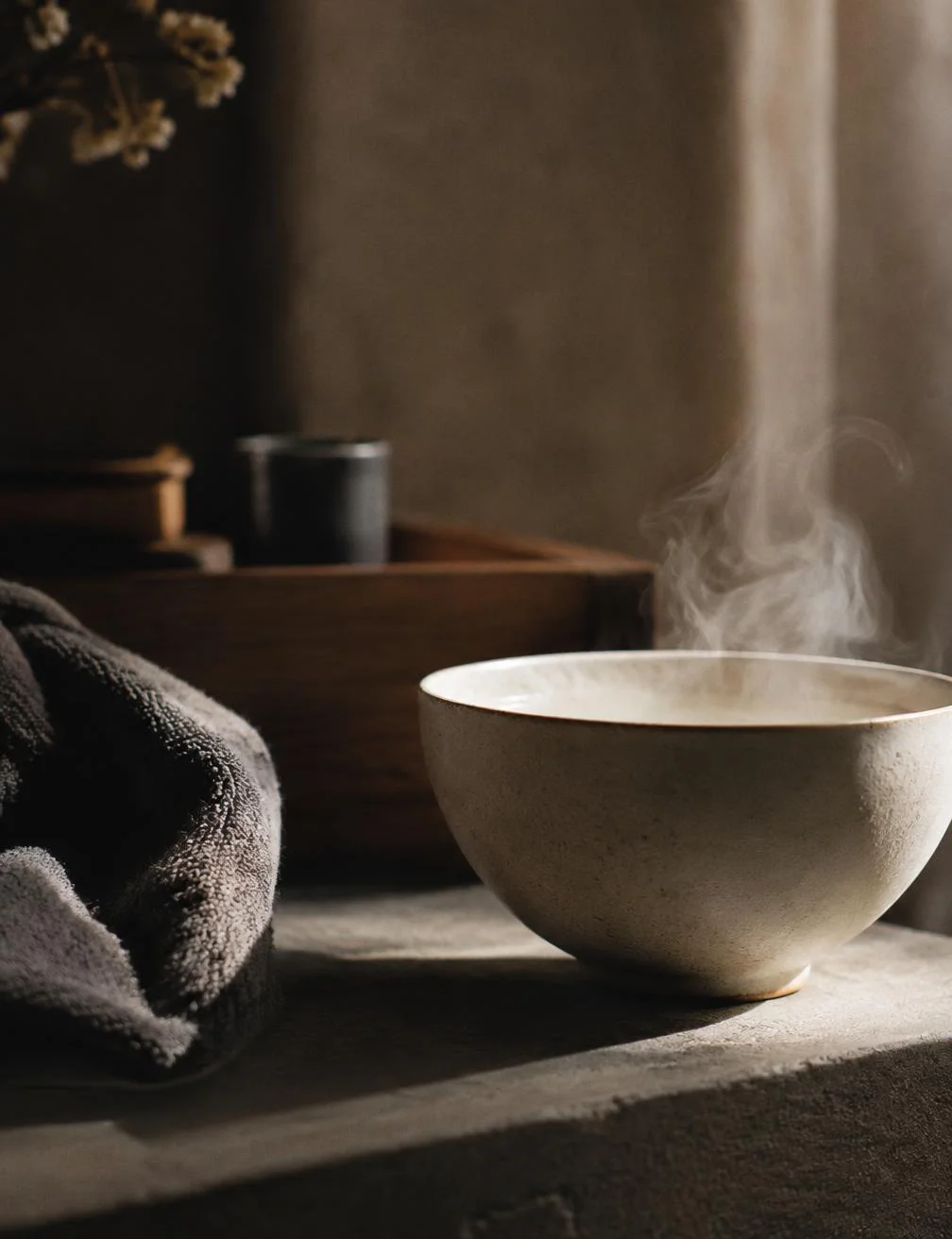 Steam rising from a ceramic bowl