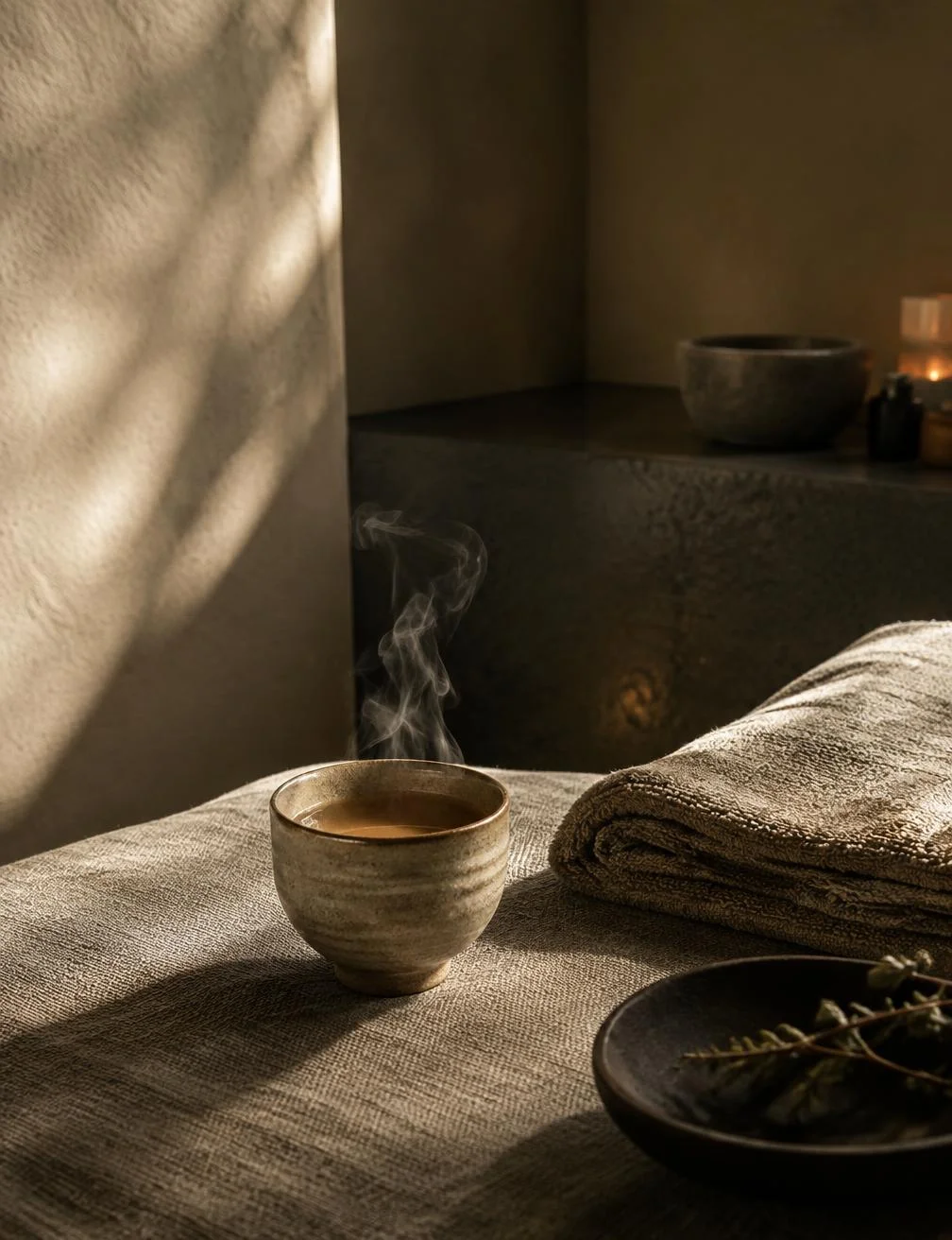 Tea poured beside warm linen