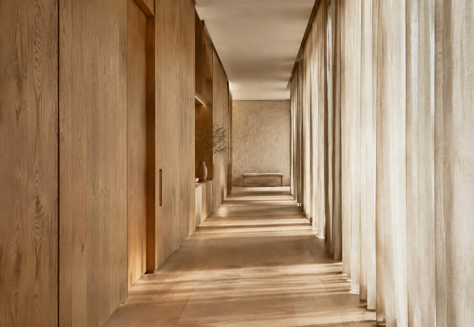 Reclaimed oak corridor lined with linen