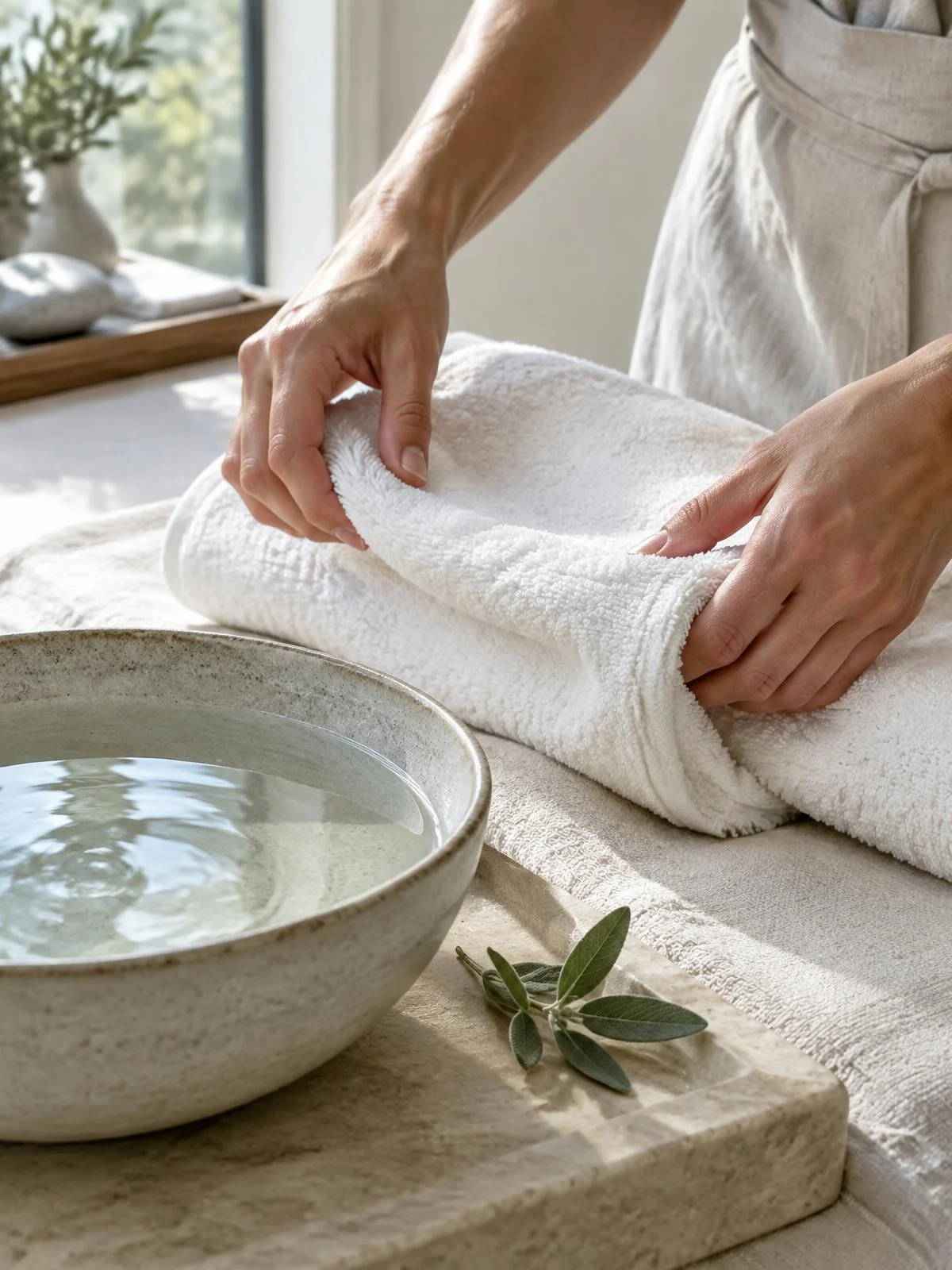 Warm linen beside a bowl of water