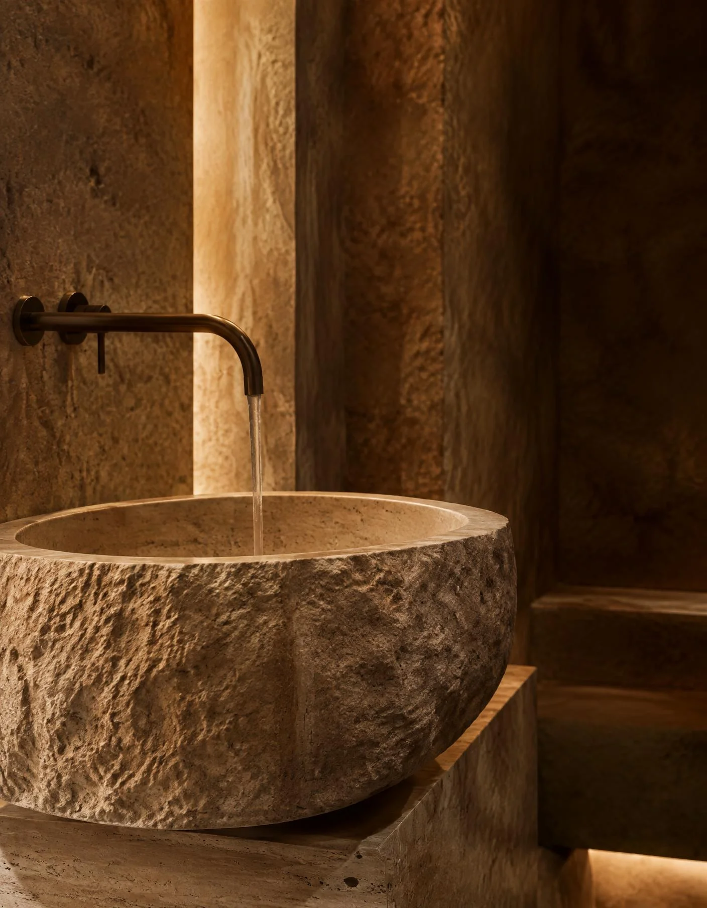 Hand-finished travertine basin
