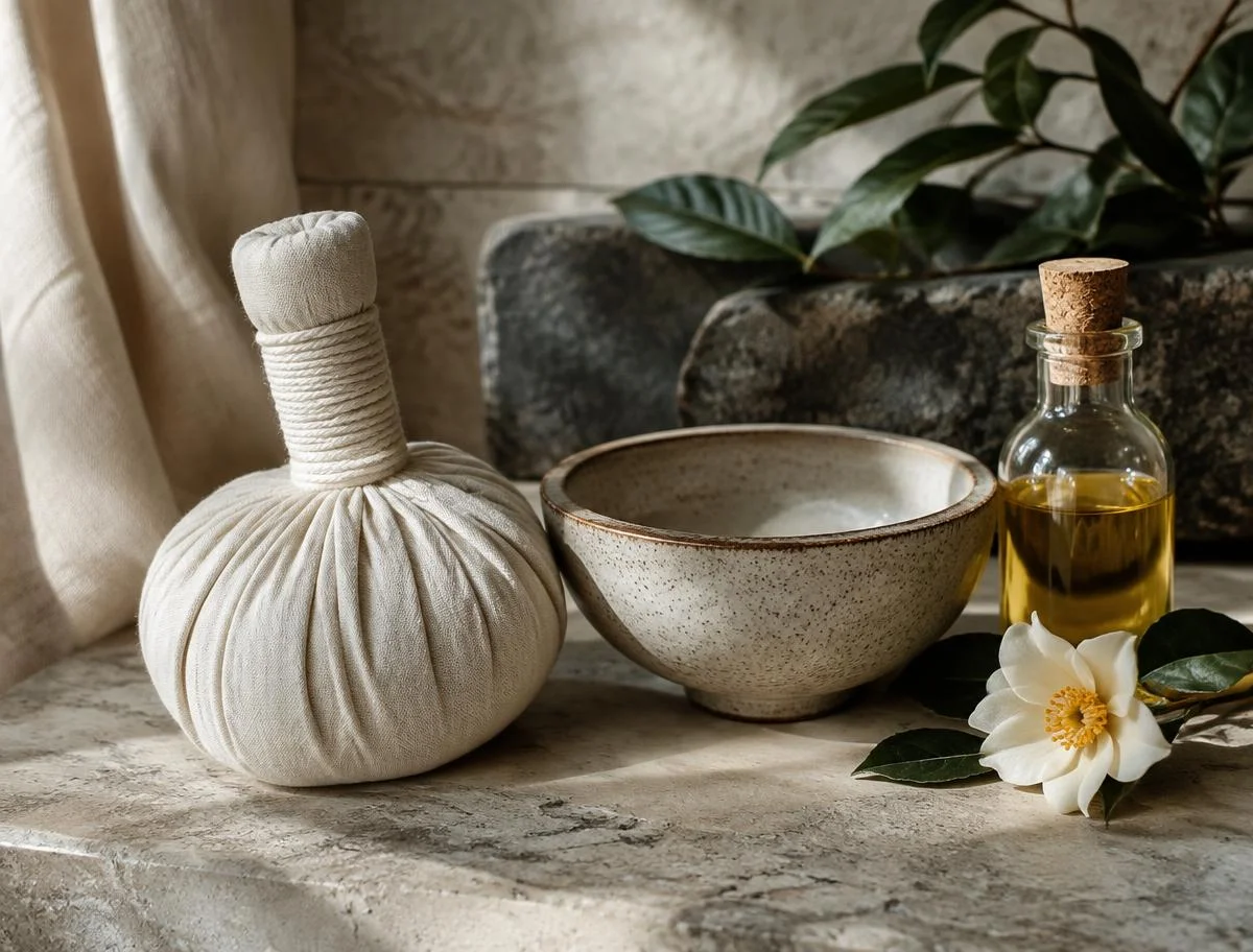 Warm linen compress beside a ceramic bowl
